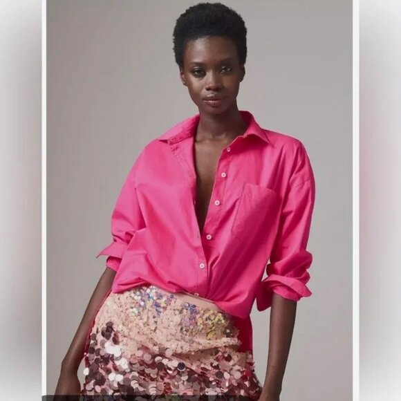 ANTHROPOLOGIE x MAEVE The Bennet Button Down Shirt Cotton Hot Pink Medium - Picture 5 of 13